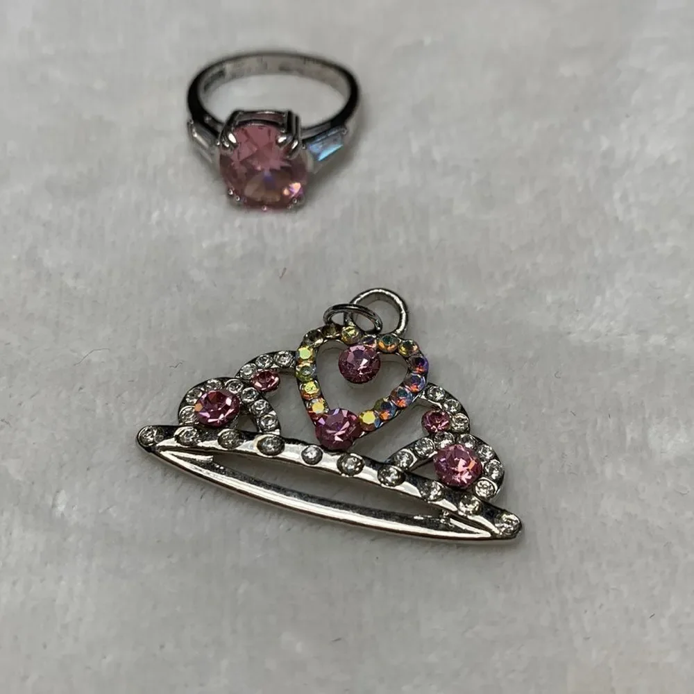 Pretty Princess Crown Necklace Charm and Pink & Silver Ring Combo